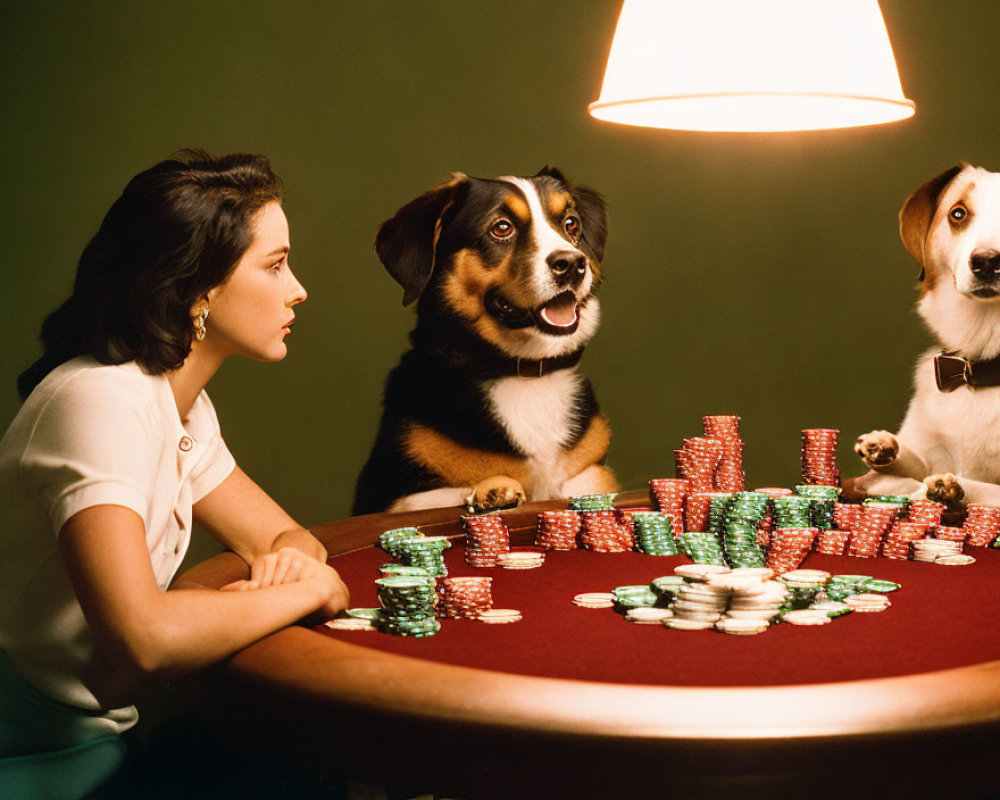 Woman and Two Dogs Playing Poker at Table with Poker Chips and Lamp