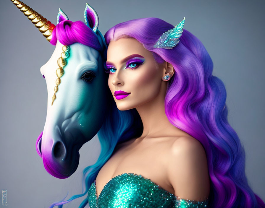 Vibrant purple woman with unicorn in matching tones