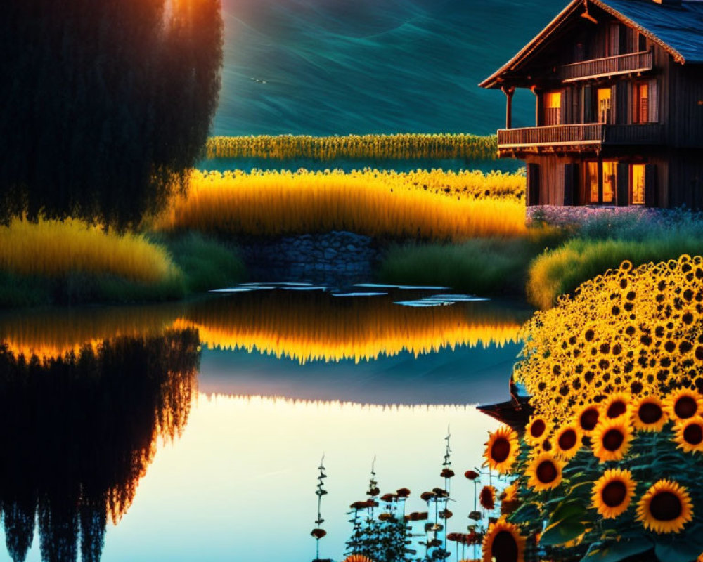 Tranquil landscape with wooden house, sunflowers, and sunset-lit hills