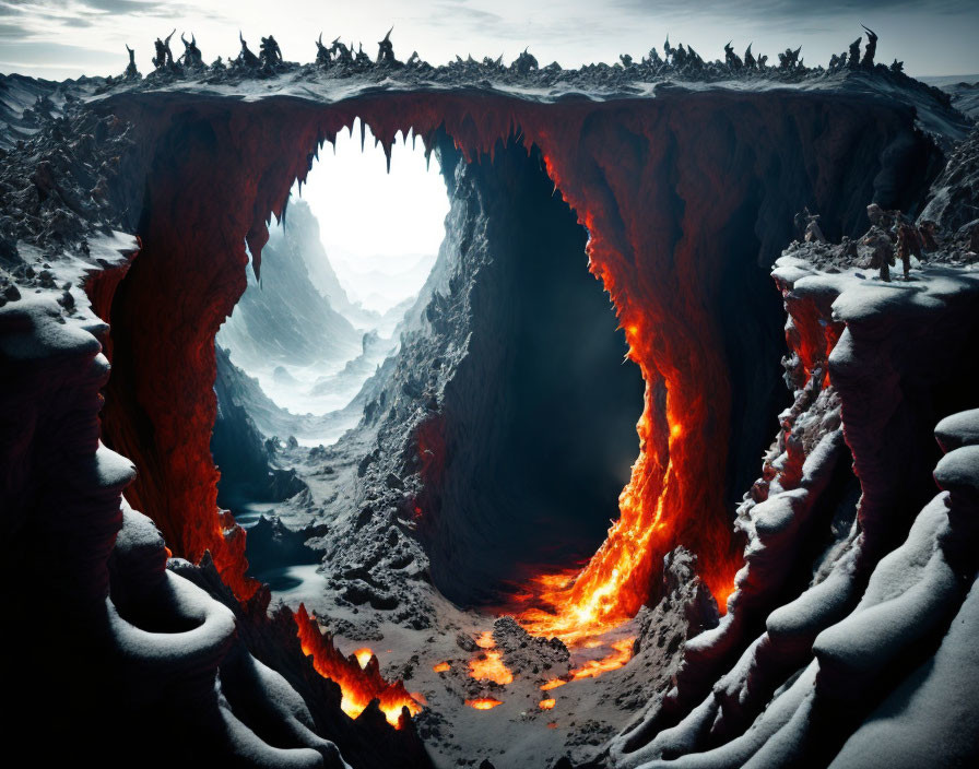 Snow-covered volcanic landscape with fiery lava cave and icy terrain