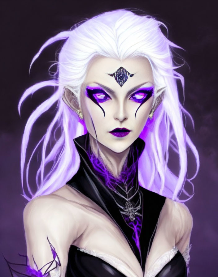 Fantasy character with pale skin, white hair, purple eyes, pointed ears, and mystical symbol