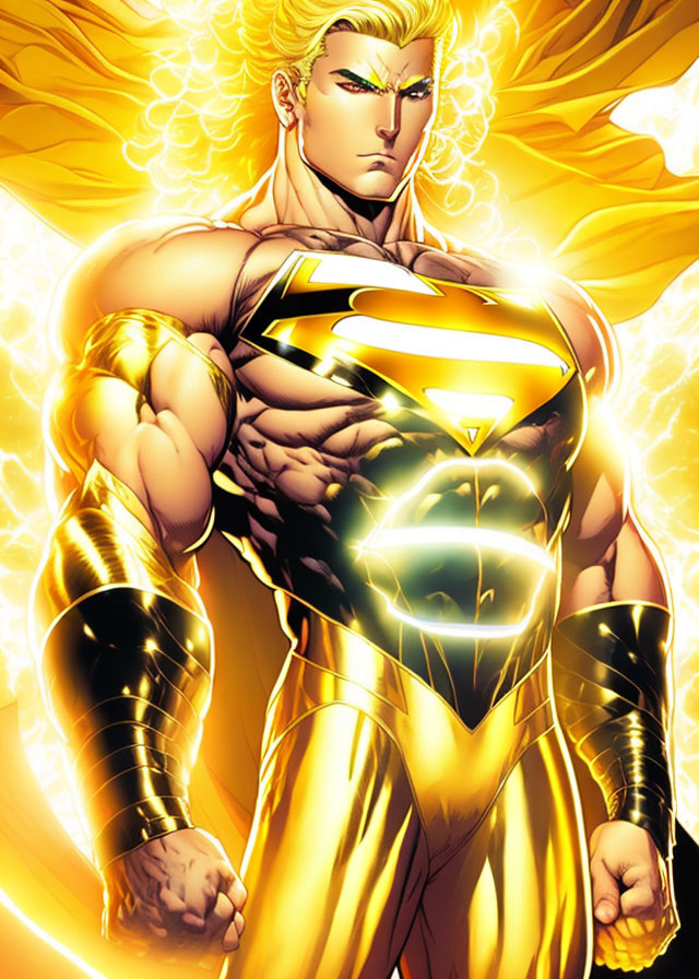 Muscular superhero with glowing 'S' symbol on chest in golden background