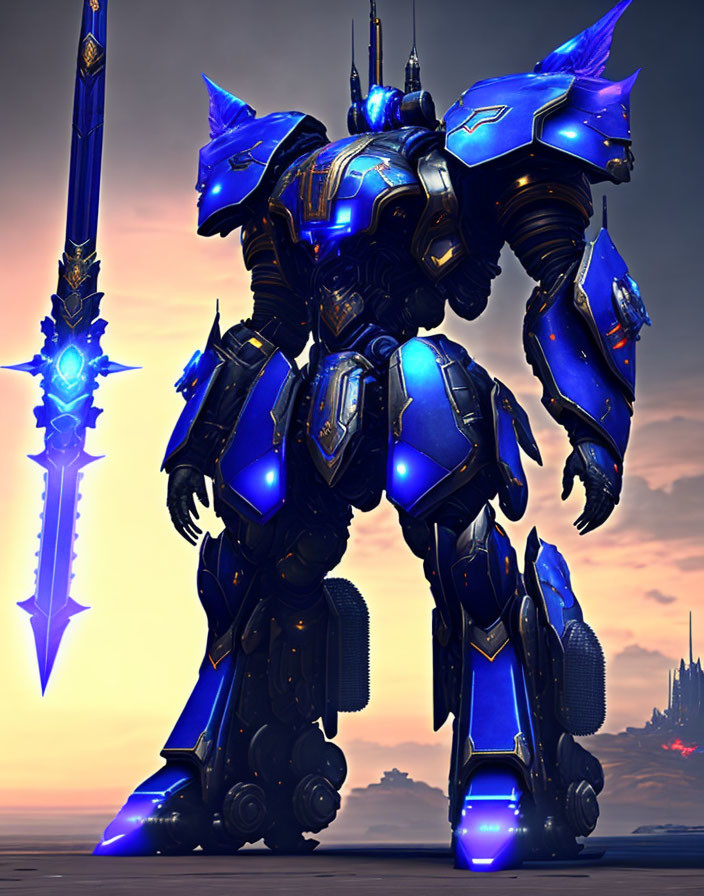 Detailed blue and black armored mech warrior with glowing accents holding a large lance at sunset