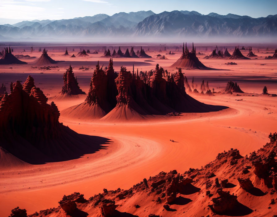 Red Sand Desert with Cone-Shaped Dunes and Hazy Sky