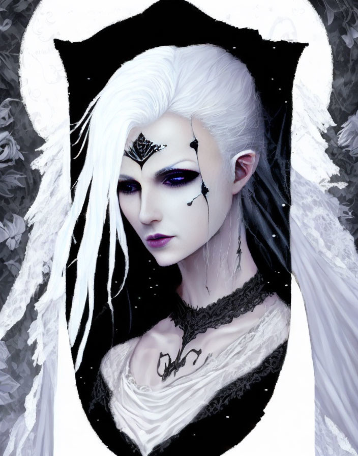 Character with pale skin, white hair, dark makeup, mystical tattoos on floral background