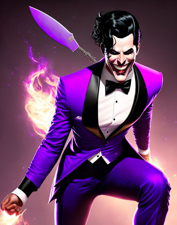 Purple-suited animated character with flaming card and dagger on pink background