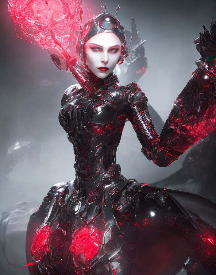 Futuristic female android in black armor with red glowing elements on misty backdrop