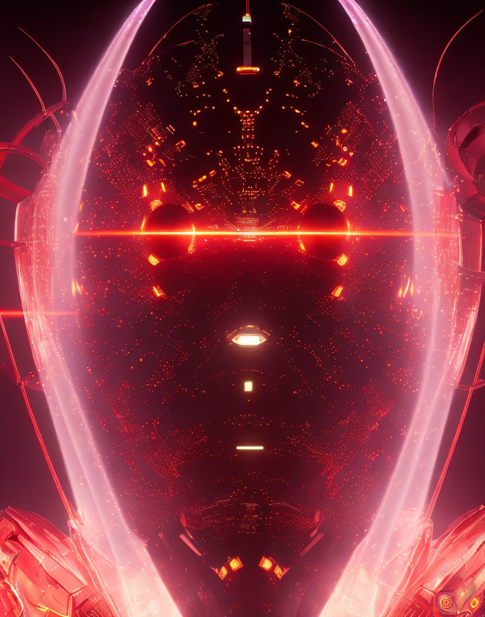 Futuristic tunnel with red and pink lights and floating particles