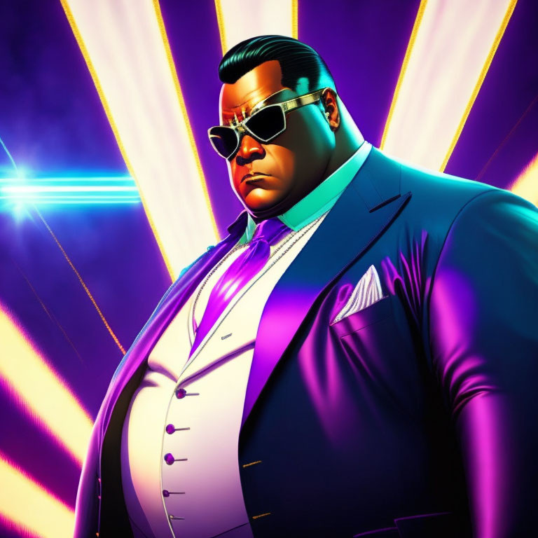 Large-built man in suit and sunglasses on vibrant light beam background