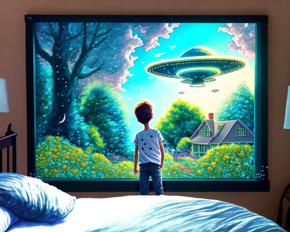 Child admires colorful wall painting of UFO over scenic landscape at night