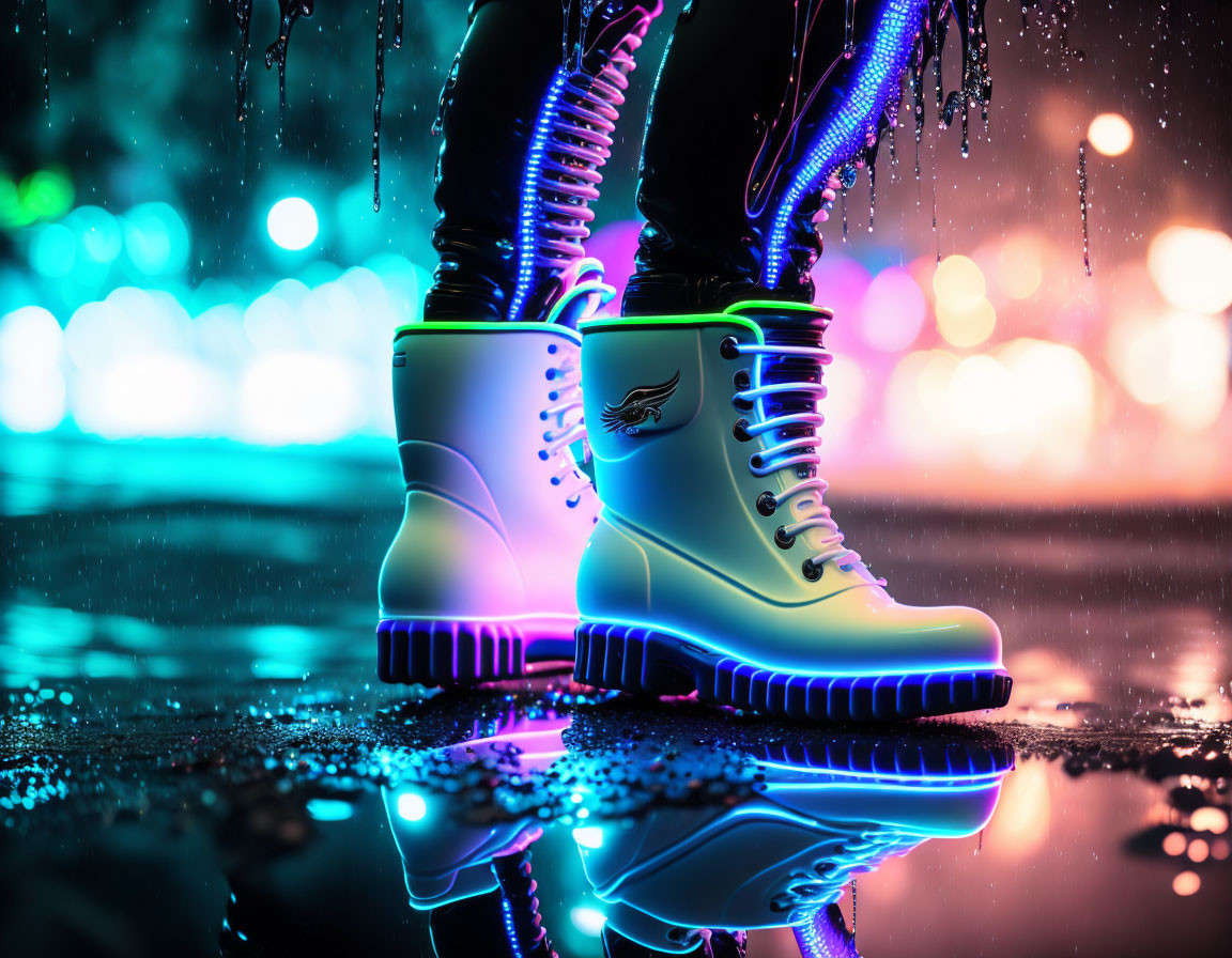 Colorful Neon Rain Boots with Wings Design on Wet Surface and Bokeh Lights Background