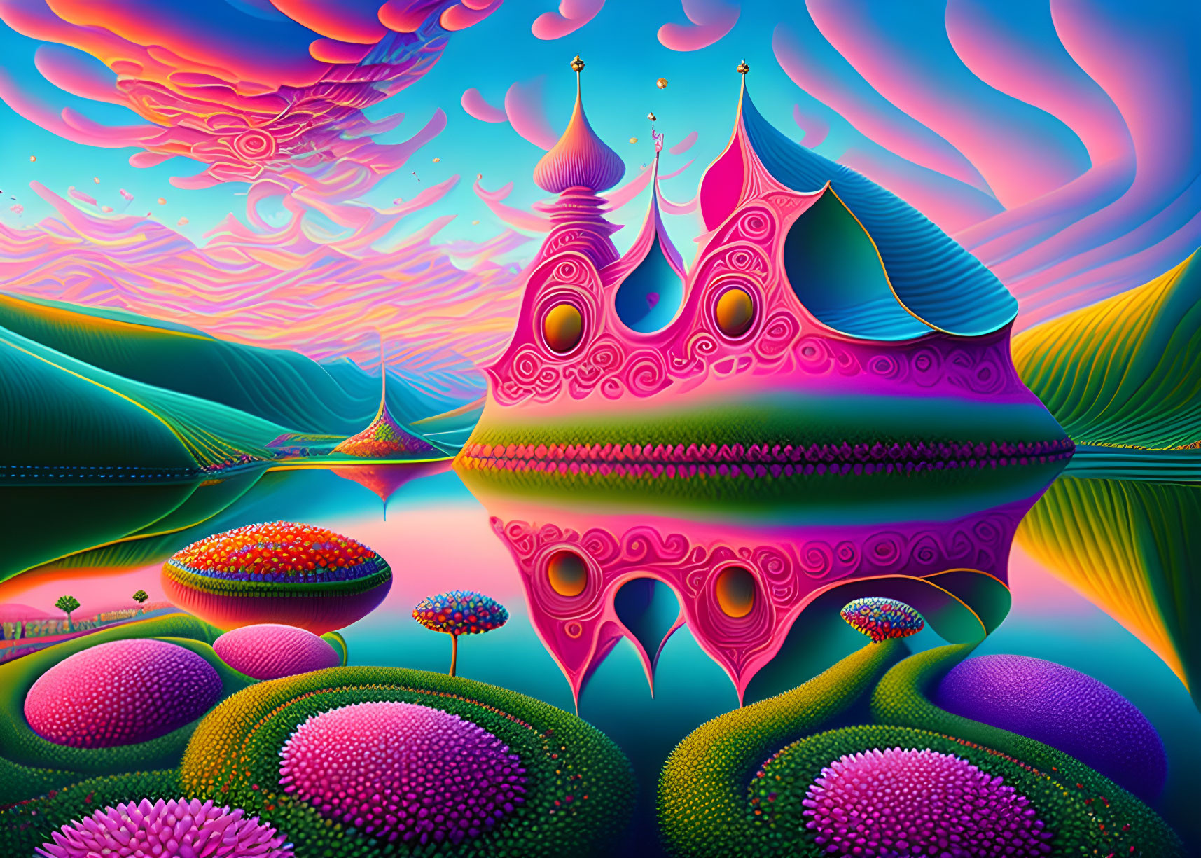 Colorful Psychedelic Landscape with Pink Castle and Rolling Hills