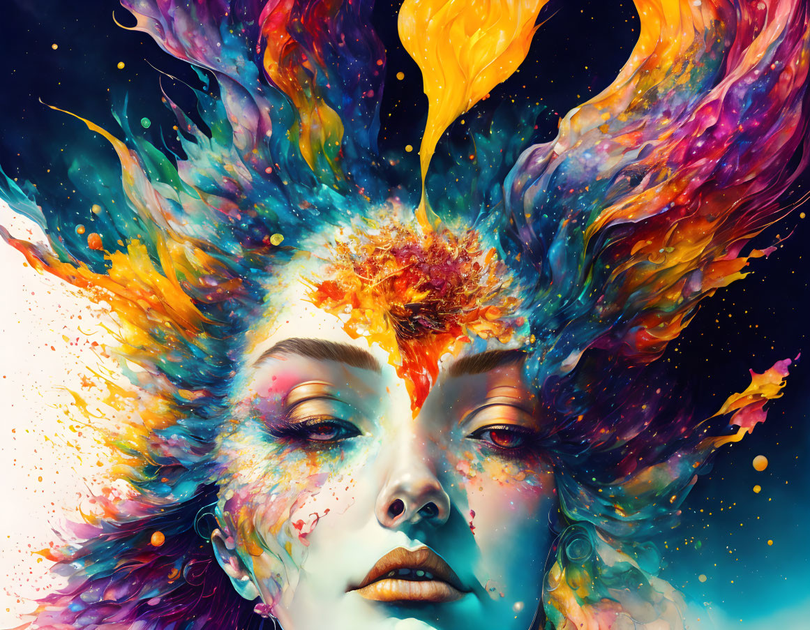 Colorful artistic representation of woman's face with fiery paint explosion.