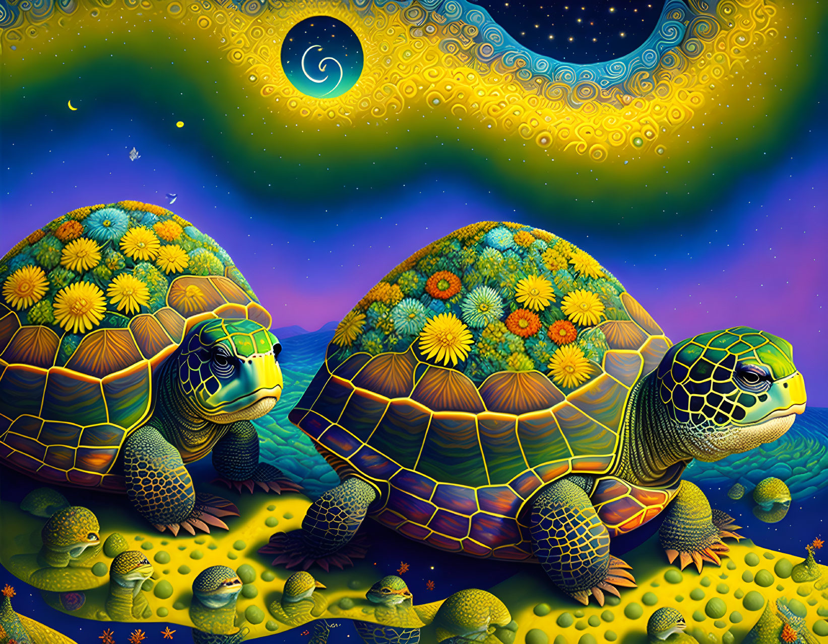 Colorful Turtle Illustration with Floral Shells Under Crescent Moon