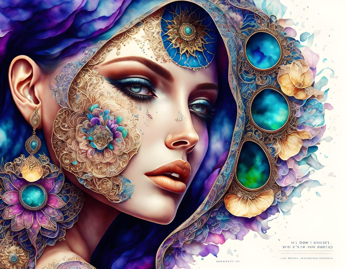 Colorful digital art: Woman's face with intricate patterns, jewel-toned colors, florals,