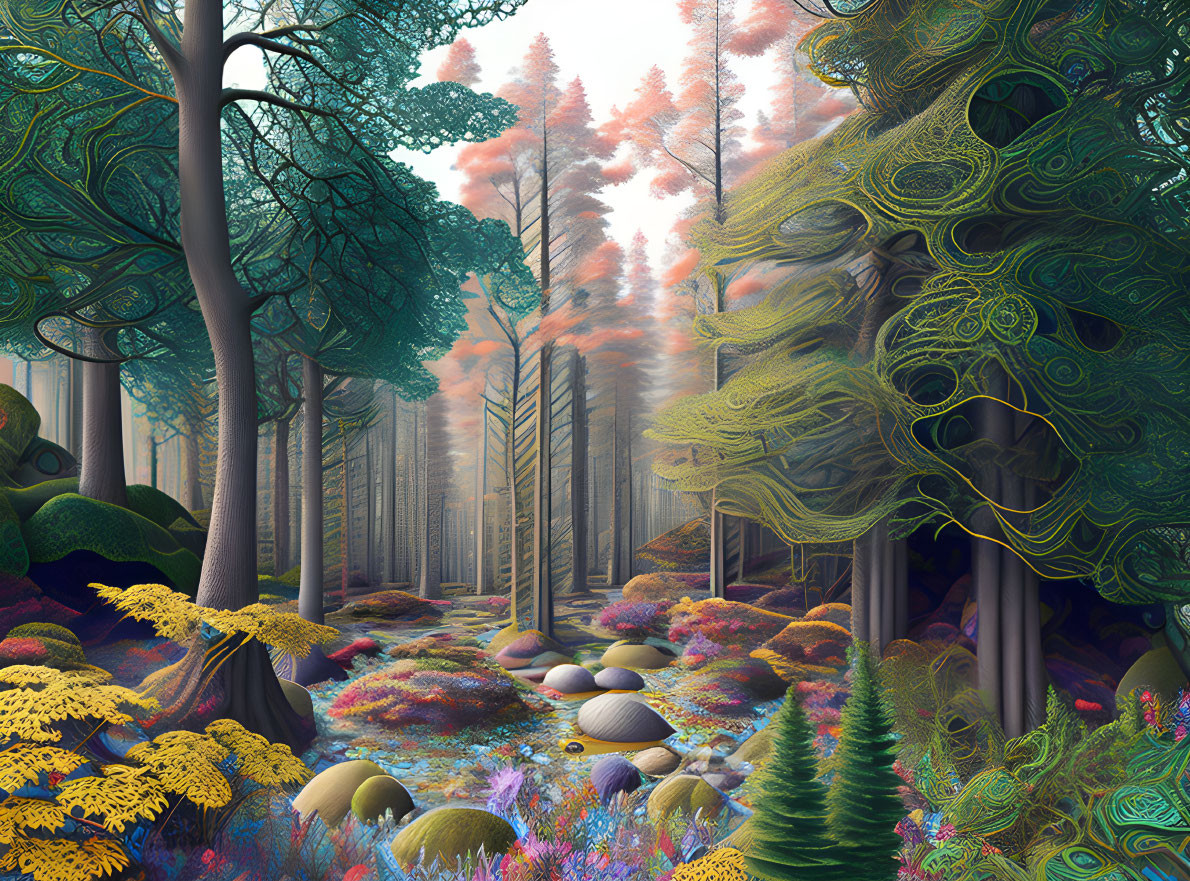 Colorful forest with pink-topped trees and misty background