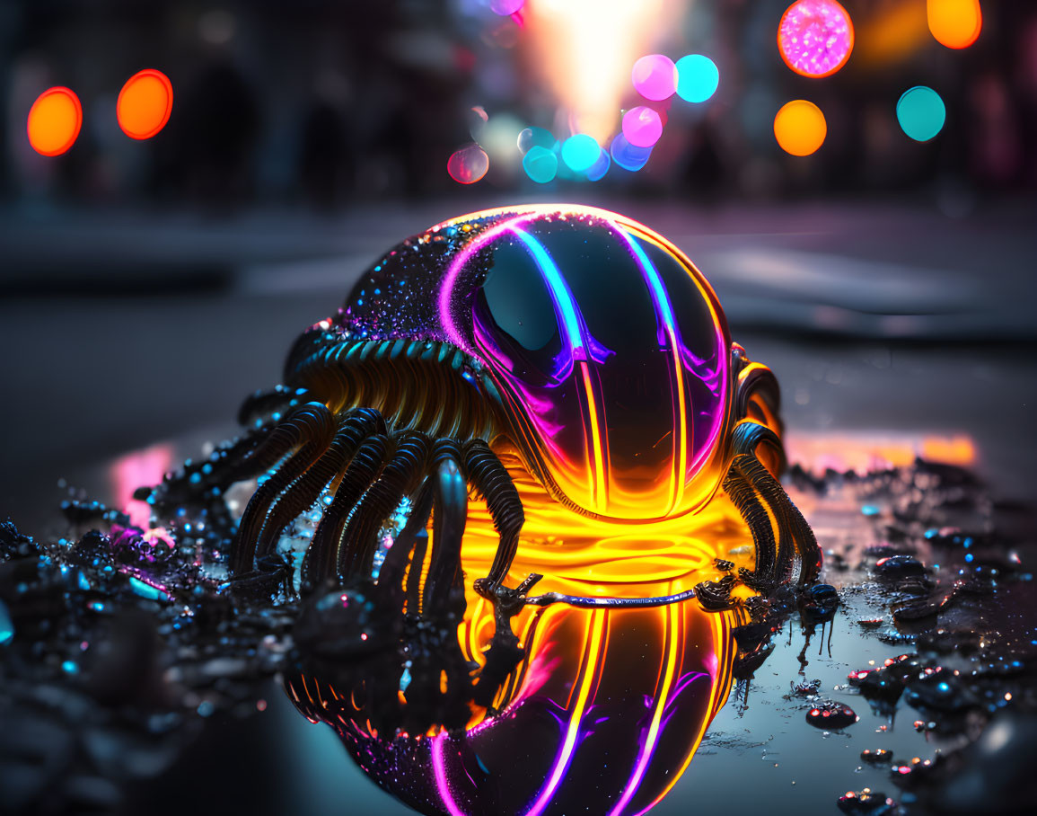 Reflective iridescent beetle-like creature on wet urban street with vibrant bokeh lights.