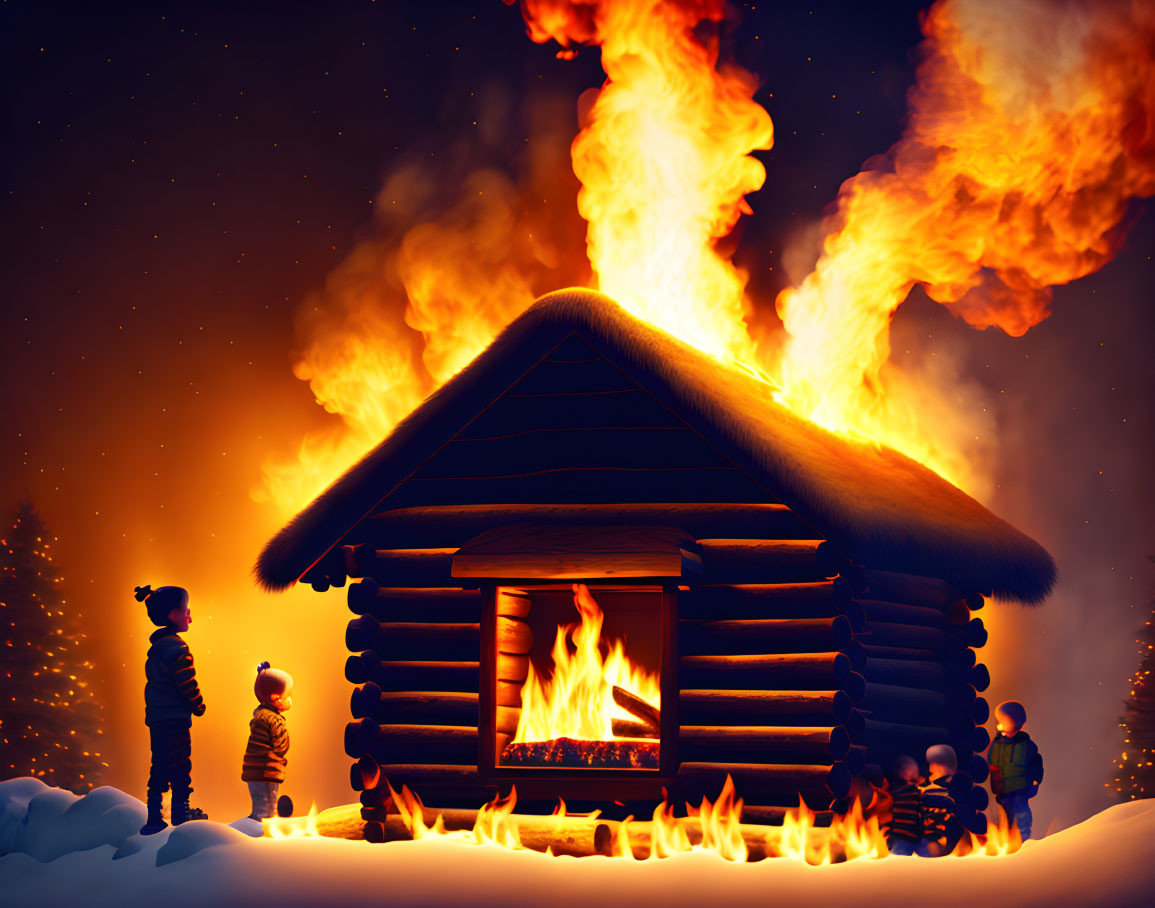 Burning wooden cabin at night with snowy foreground and onlookers