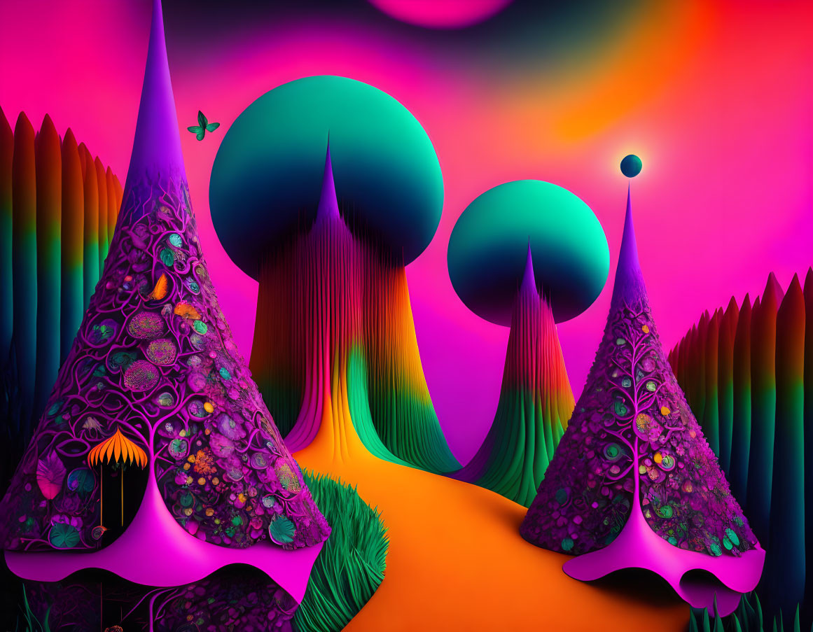 Colorful Mushroom Structures in Surreal Landscape with Butterfly