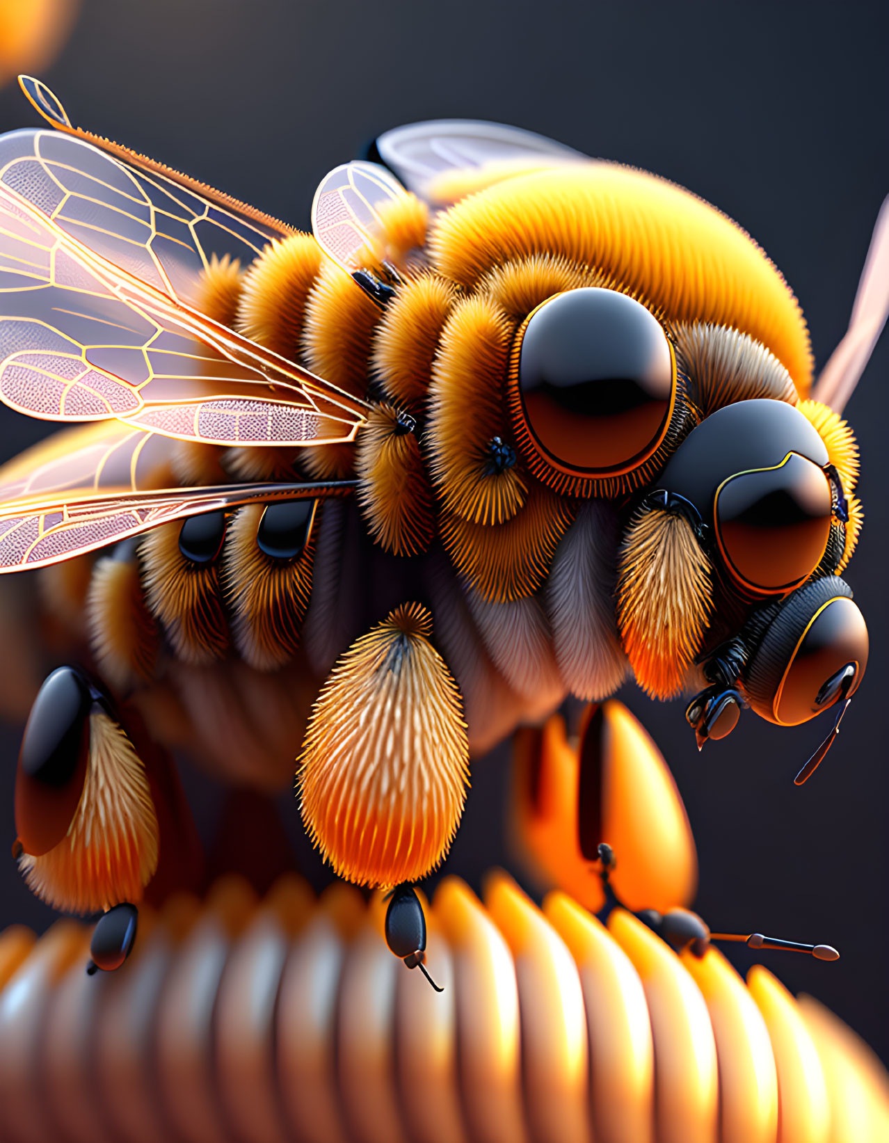 Detailed Close-Up of Stylized Honeybee with Translucent Wings