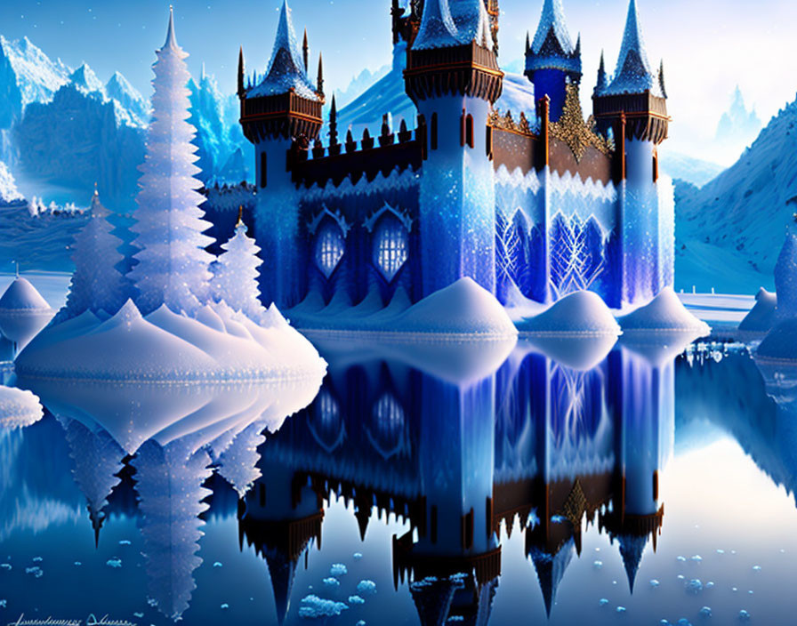 Majestic Ice Castle Reflects in Calm Water Amidst Snowy Landscape