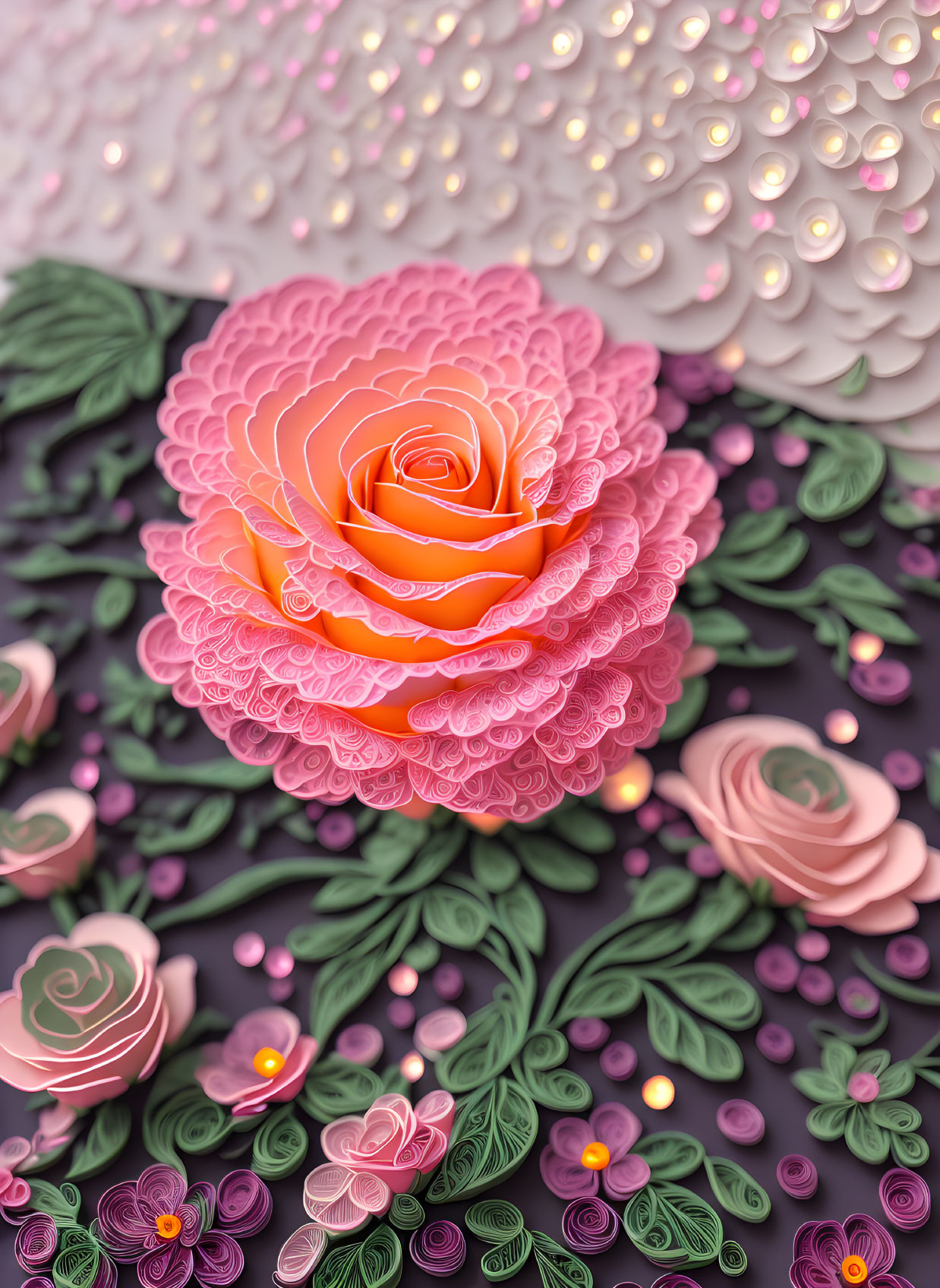 Pink Paper Quilling Rose with Green Leaves on Contrast Background