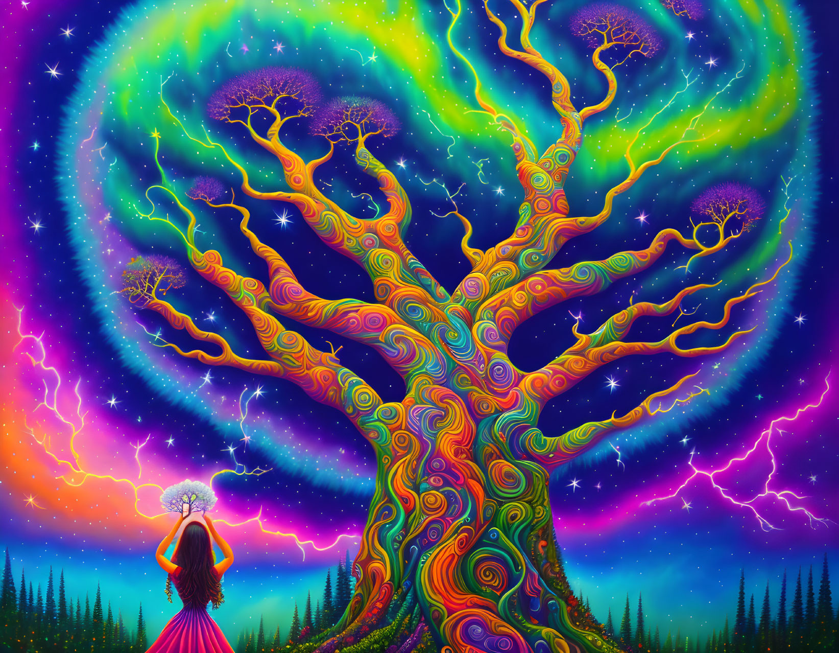 Colorful Psychedelic Tree Illustration with Swirling Patterns and Figure Holding Glowing Orb