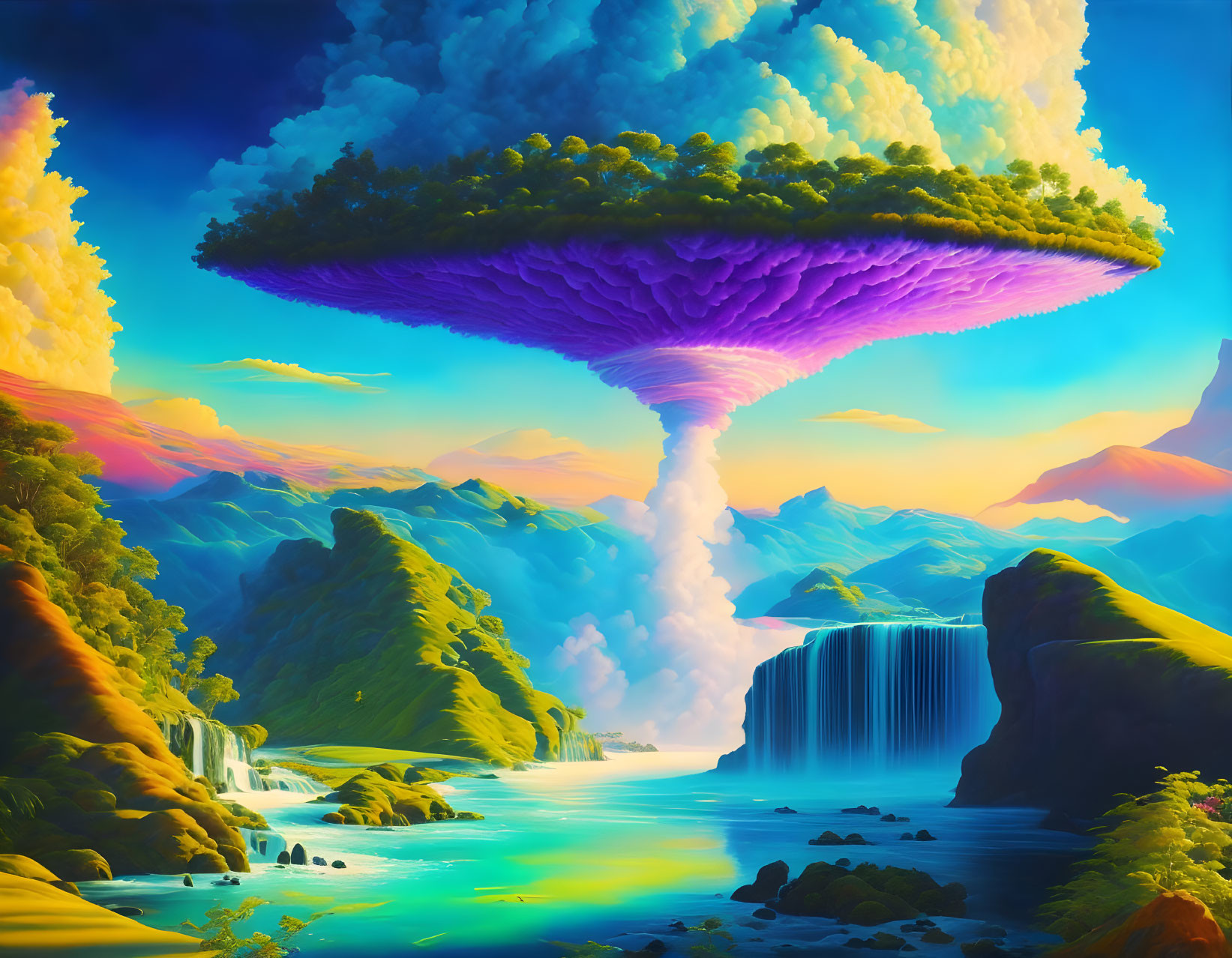 Majestic landscape with mushroom cloud over valley