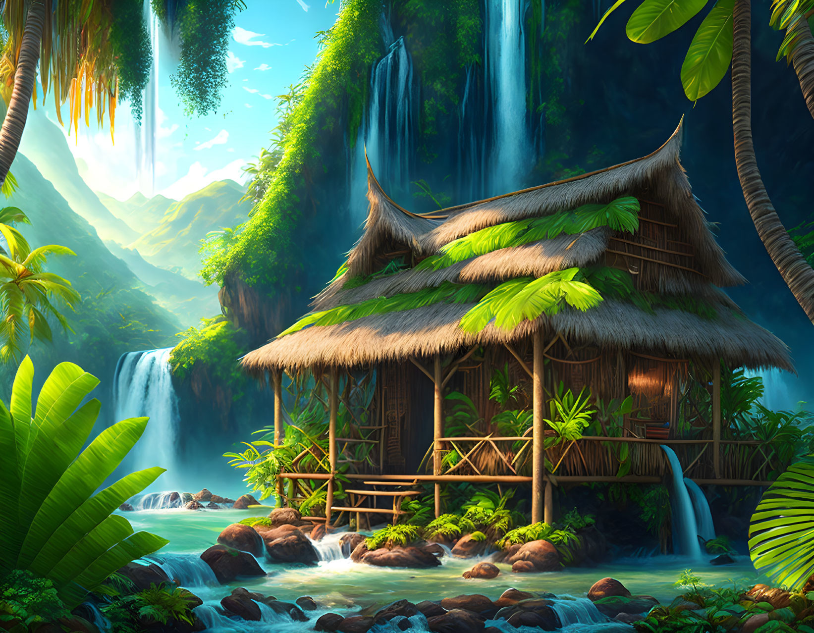 Thatched roof hut on stilts near waterfall in lush tropical forest