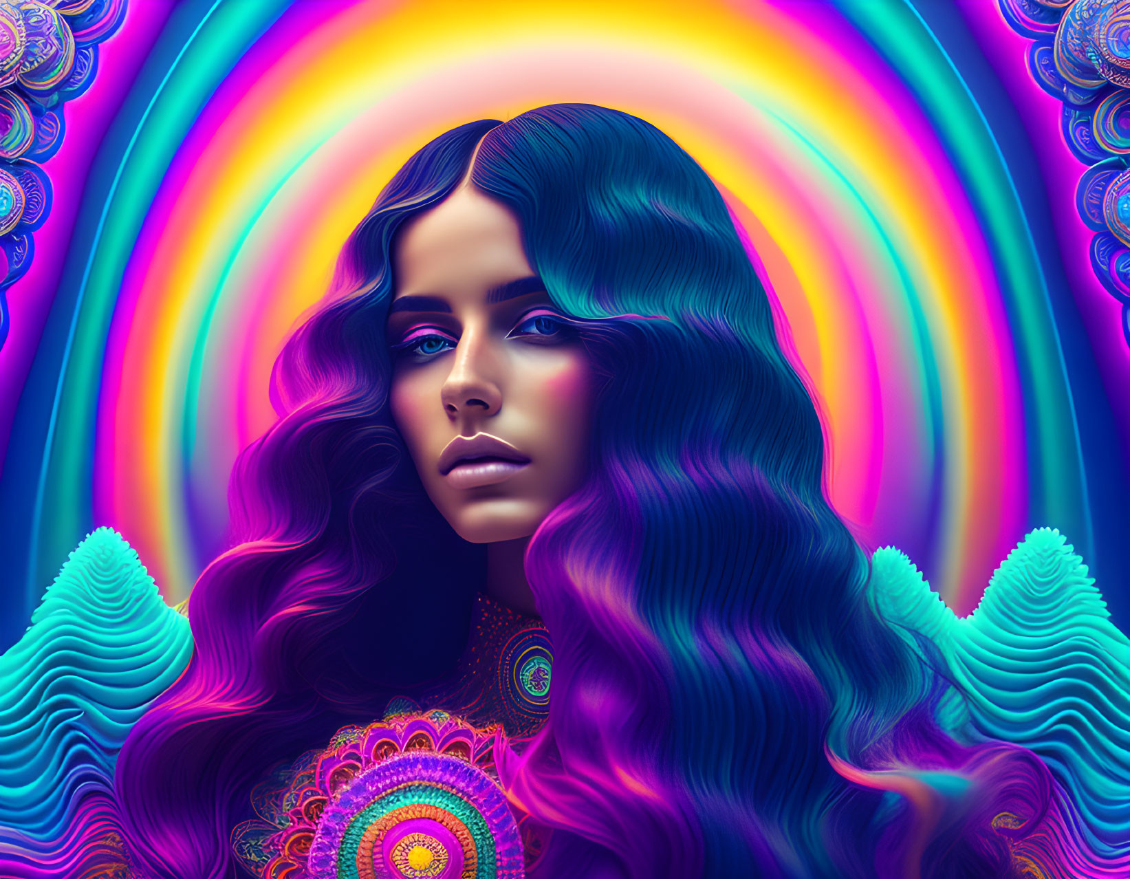 Colorful digital portrait of woman with wavy hair and psychedelic patterns.