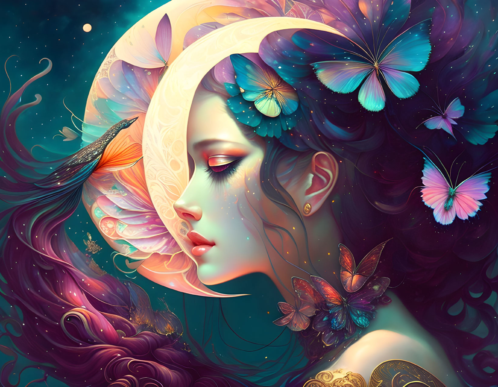 Fantastical Woman with Crescent Moon and Butterflies in Vivid Colors