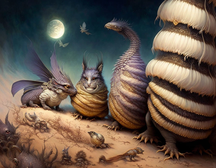 Whimsical creatures in moonlit fantasy scene