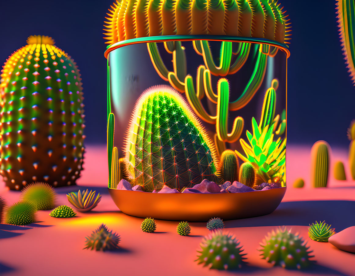 Colorful 3D illustration of glowing cacti in transparent pot, under purple and blue light