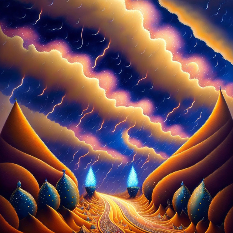 Surreal landscape with golden hills, winding road, blue trees under starry sky