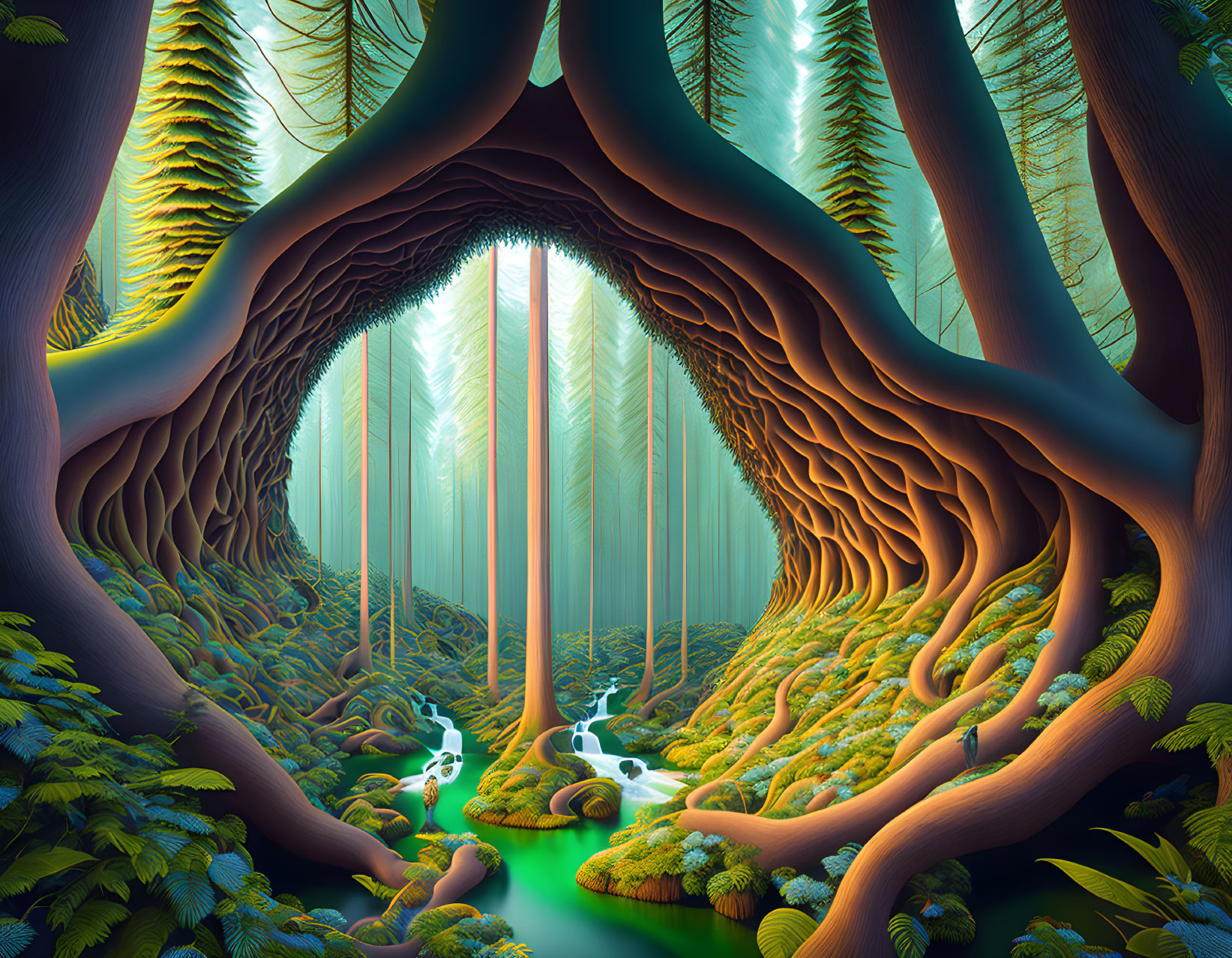 Fantastical forest with twisted trees, ferns, and a stream