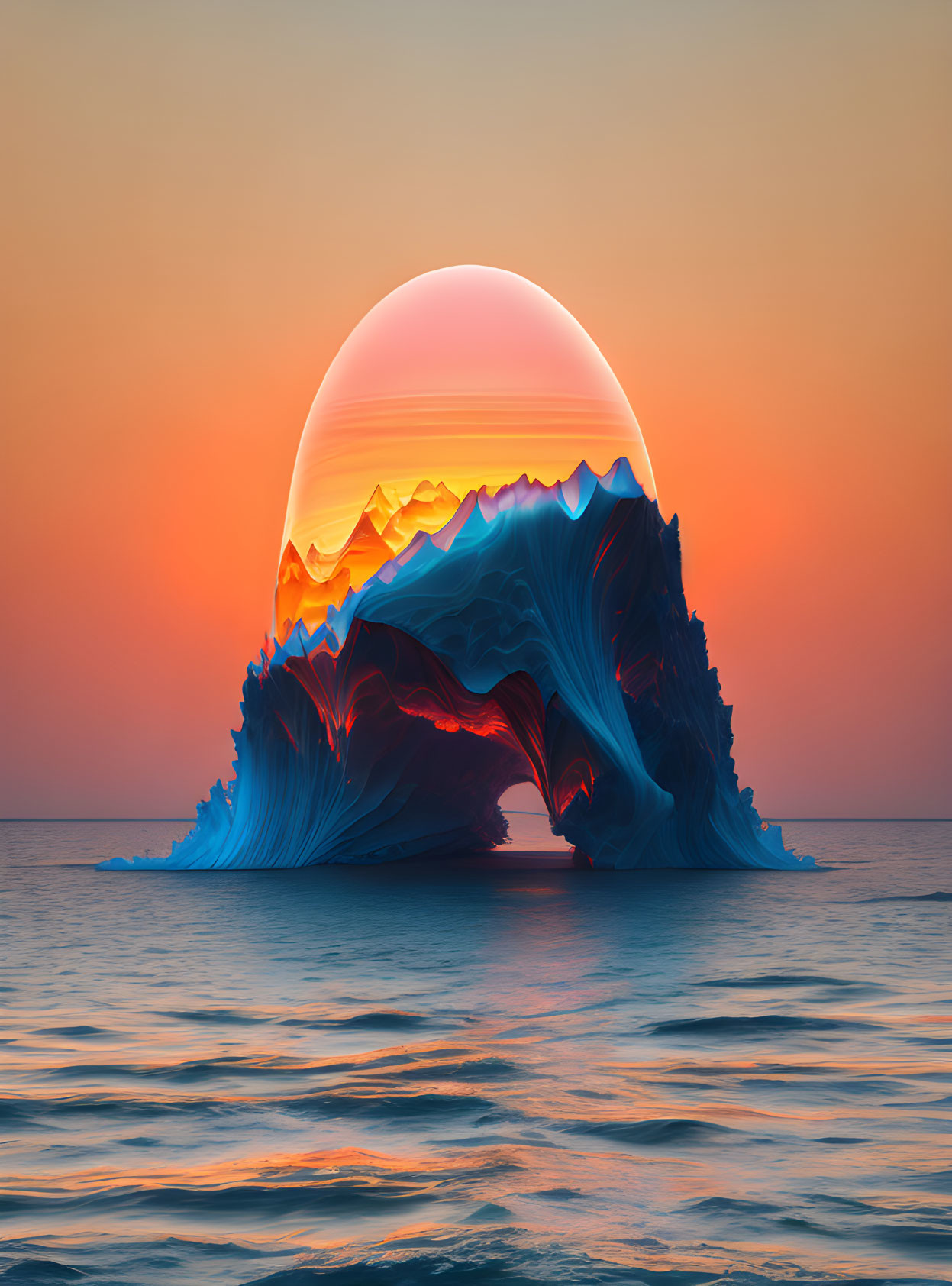 Surreal iceberg with archway under giant setting sun