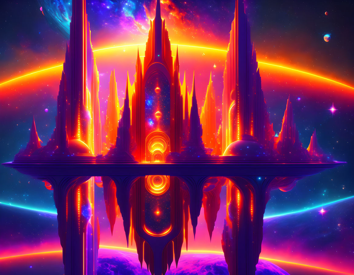 Colorful futuristic castle floating in space with neon colors and energy rings.