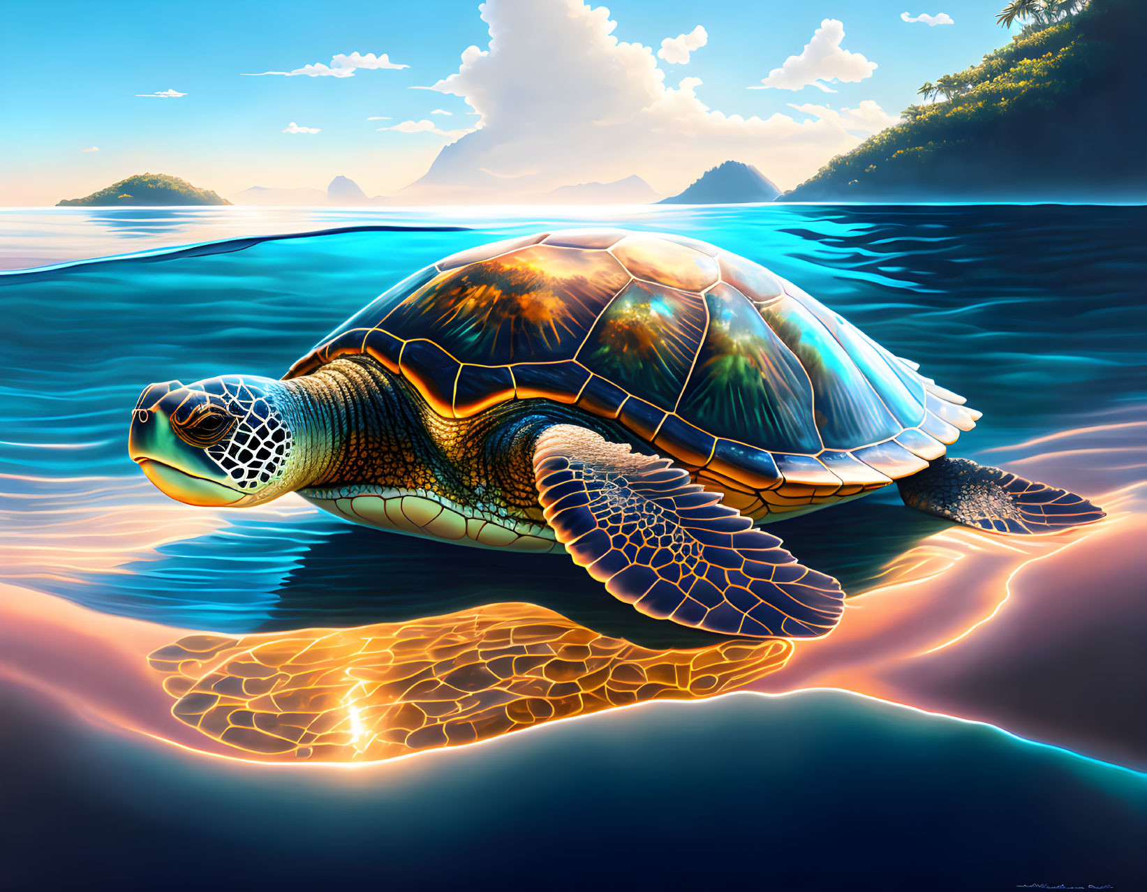 Colorful Sea Turtle Swimming in Clear Tropical Waters with Mountains in Background