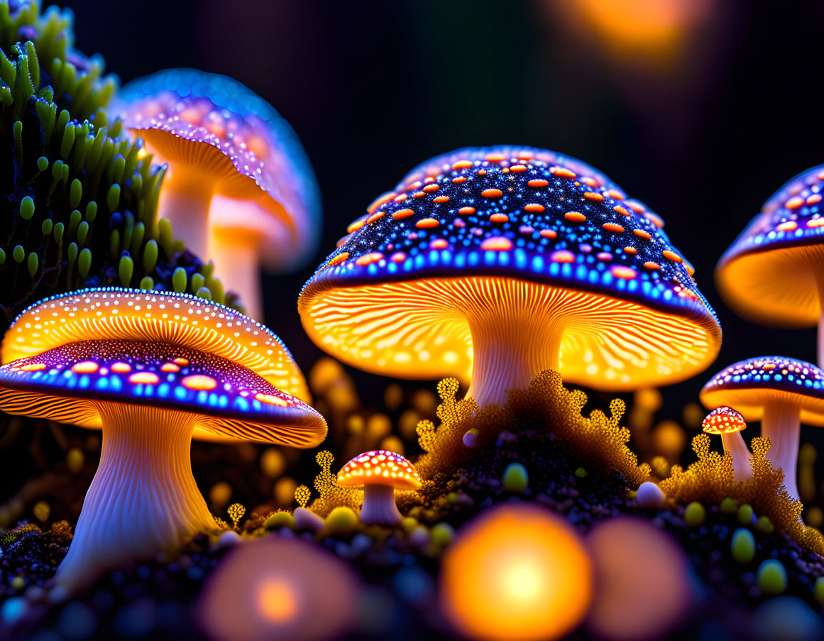 Colorful Mushrooms with Blue Caps and White Dots on Dark Background