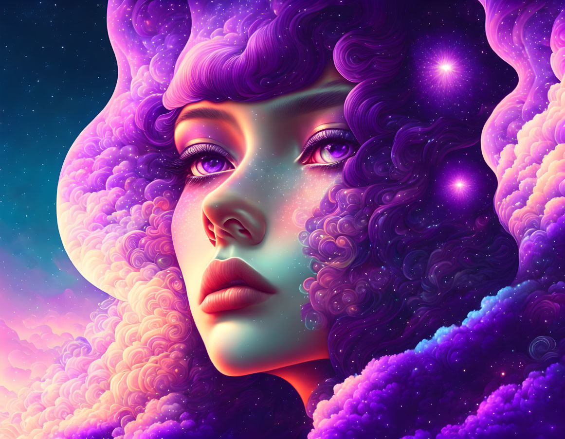 Cosmic-themed digital art of woman's face with purple hues