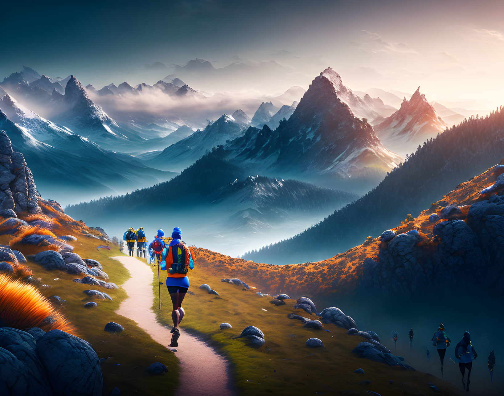 Hikers on mountain path at sunset with majestic peaks and misty valleys