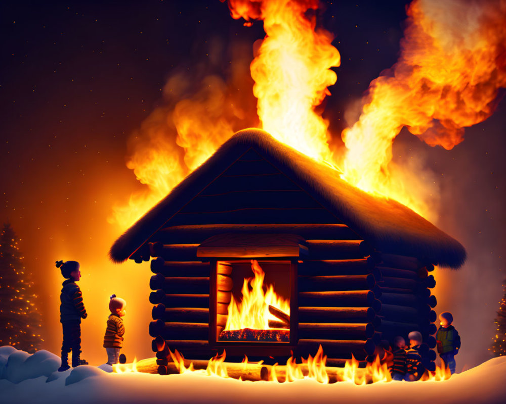 Burning wooden cabin at night with snowy foreground and onlookers