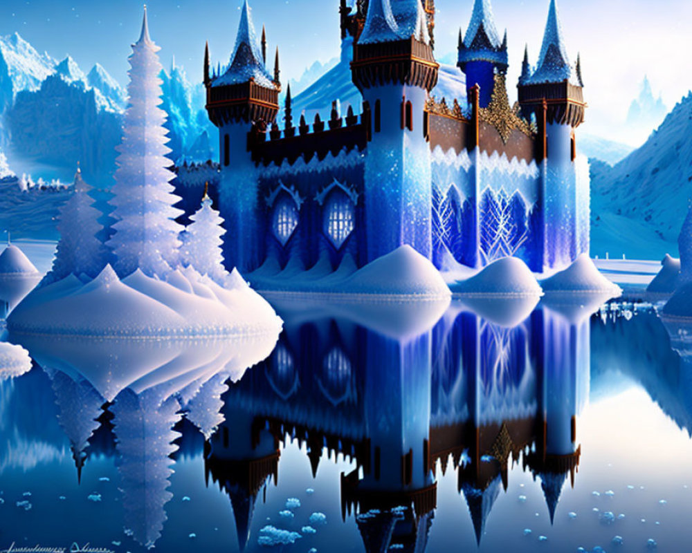 Majestic Ice Castle Reflects in Calm Water Amidst Snowy Landscape