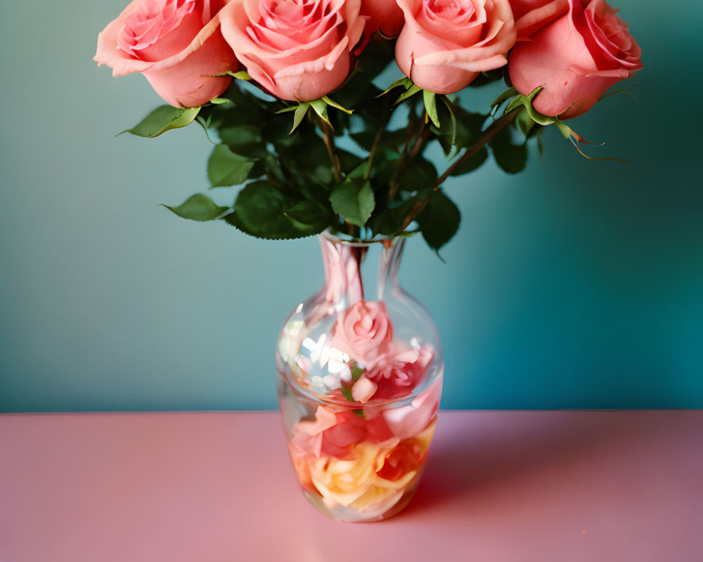 Pink Roses Bouquet in Clear Vase on Blue and Pink Background