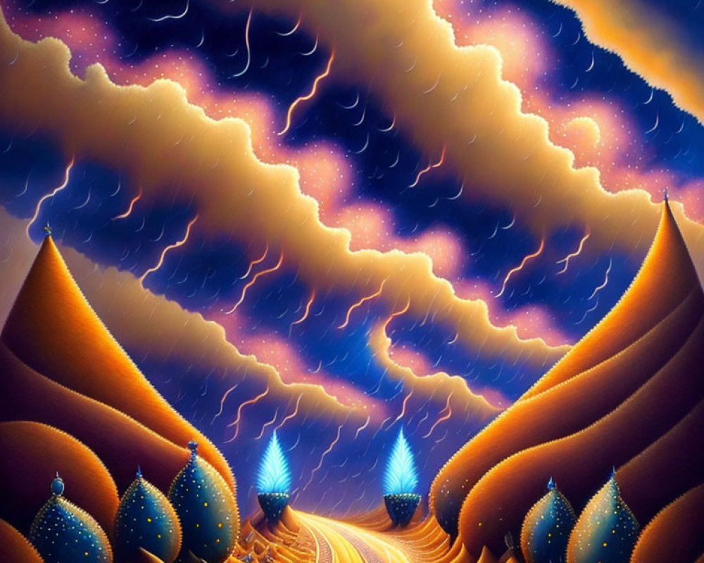 Surreal landscape with golden hills, winding road, blue trees under starry sky