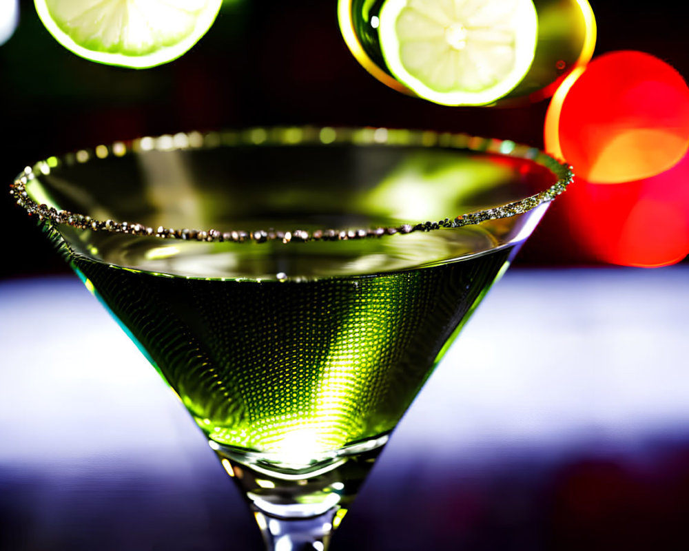 Martini glass with sugared rim and lime slices under vibrant bokeh lights