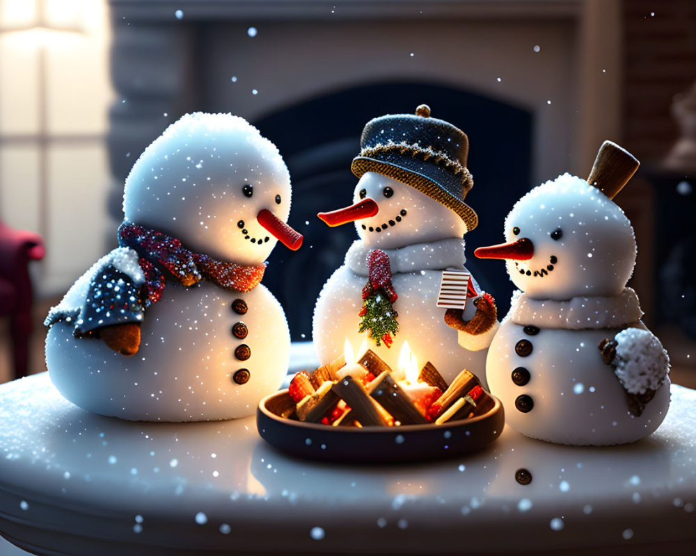 Snowmen with hats and scarves by a fire in cozy room