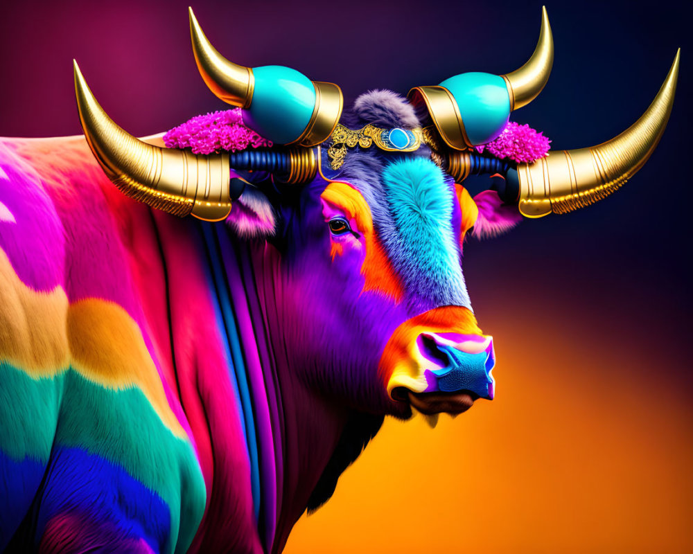 Colorful digital artwork: Bull with gold and blue horns, jeweled headpiece, gradient background