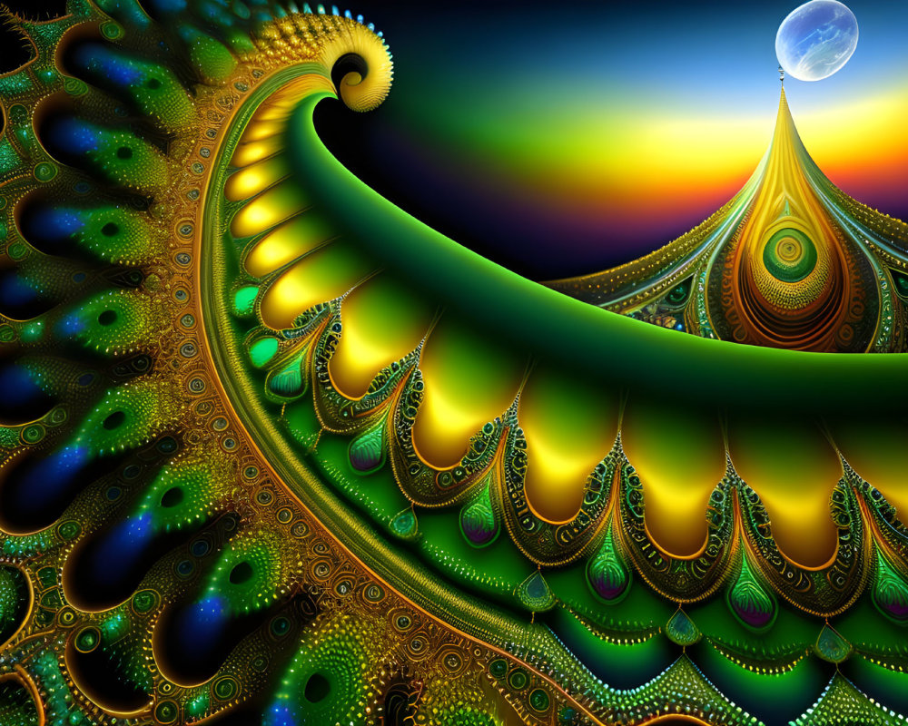 Colorful fractal spiral against twilight sky with moon