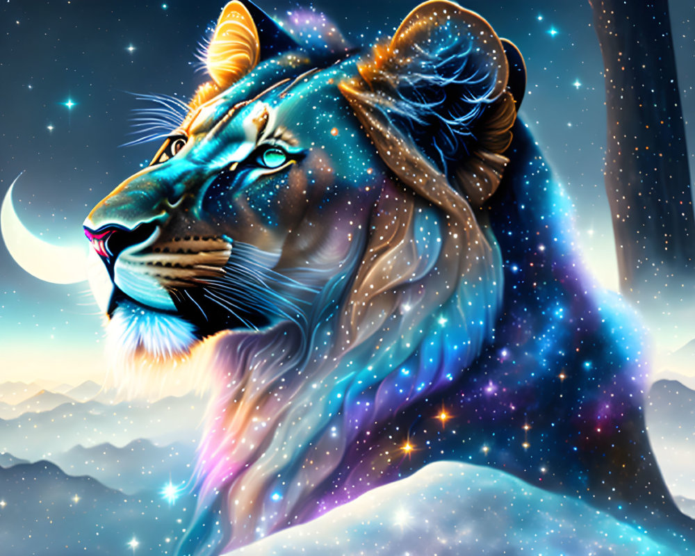 Colorful digital artwork: Cosmic lion with starry mane in night sky with crescent moon.